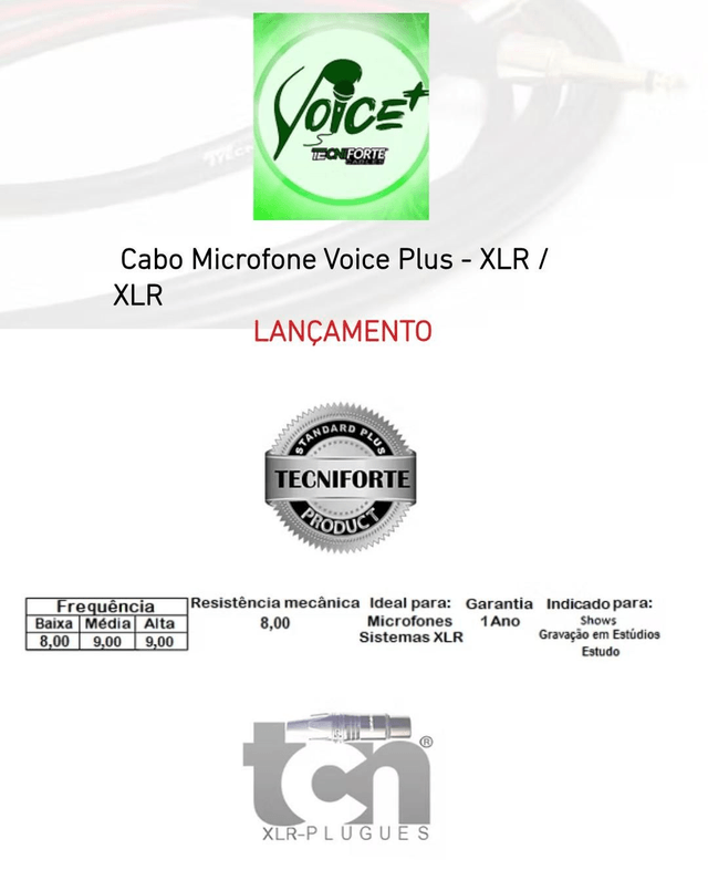 Cabo Microfone Voice Plus XLR/XLR 3.05m Tecniforte Cód. 1156